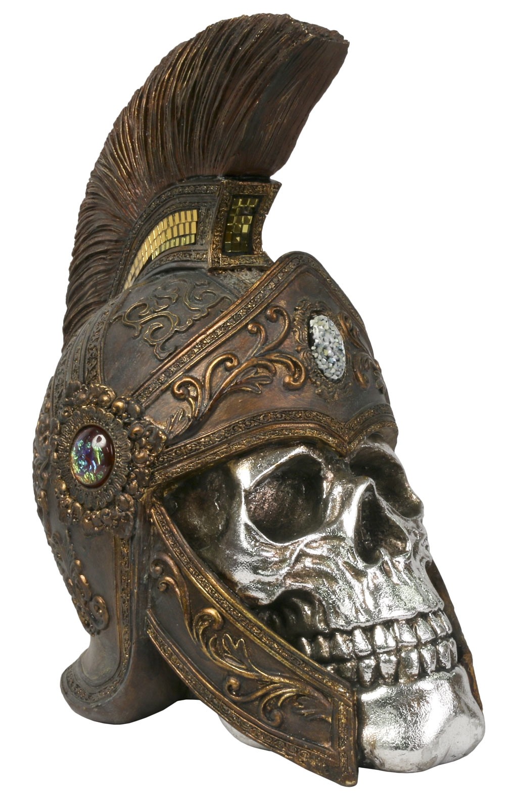 Electroplated Resin Skull With Roman Helmet Skeleton Head 33cm
