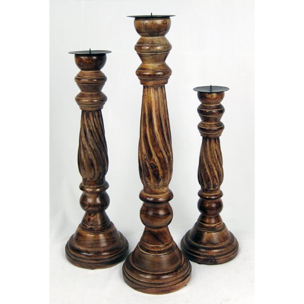 Mango Wood Twist Candle Holders Natural Finish - Set/3