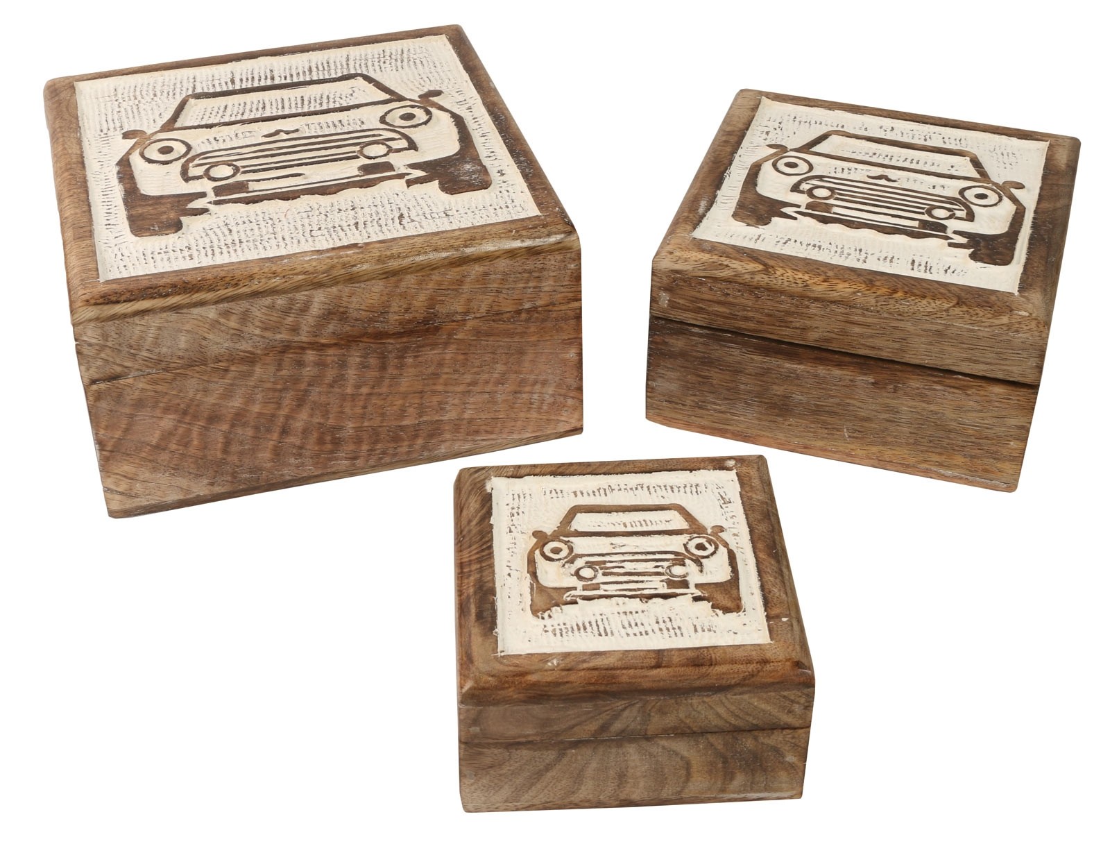 Mango Wood Car Design Square Trinket Jewellery Boxes - Set/3