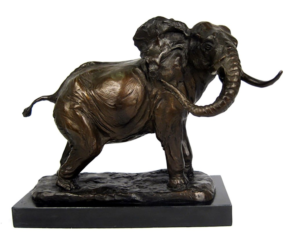 Foundry Cast Bronze Elephant Sculpture On Marble Base 39.5cm
