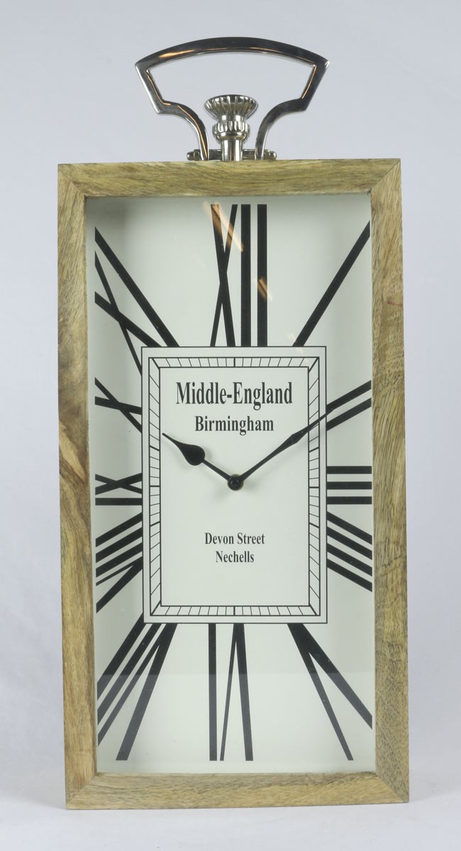 Rectangular Desk Table Clock - Mango Wood And Nickel Fittings 55cm High - Middle England Birmingham