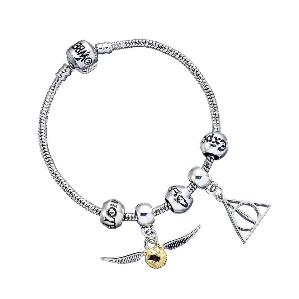 Harry Potter Charm Set - Silver Bracelet/Deathly Hallows/Snitch/3 Spellbeads