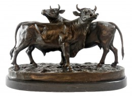 Cow And Bull Foundry Cast Bronze Sculpture On Marble Base 44cm