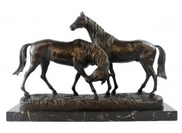 Pair Of Horses Foundry Cast Bronze Sculpture On Marble Base 53cm