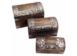 Mango Wood Metal Flower Design Domed Trinket Boxes - Set/3