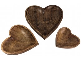 Mango Wood Heart Shaped Bowls - Set/3