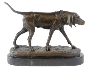 Foundry Cast Bronze Dog Sculpture On Marble Base 31cm