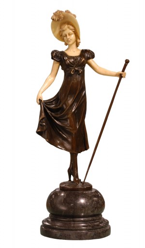 Lady With Hat Holding Stick On Marble Base 40cm