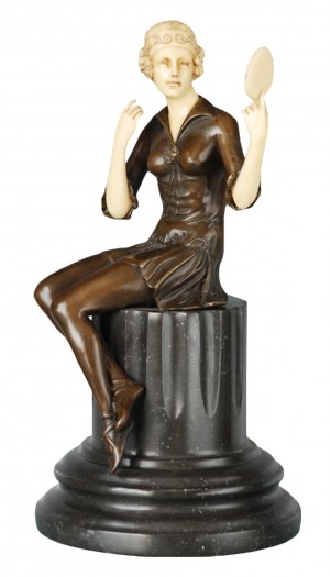 Lady With Mirror Foundry Cast Bronze Sculpture On Marble Base 35cm