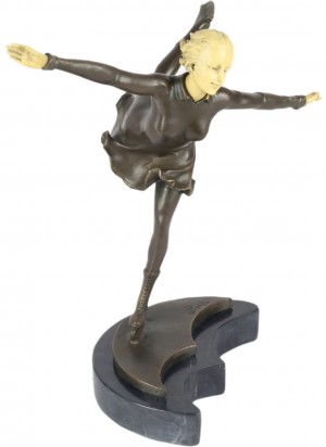 Lady Skating Foundry Cast Bronze Sculpture On Marble Base 31cm