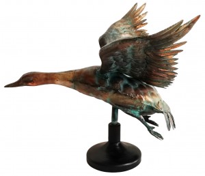 63.5cm Aged Copper/Verdigris Finish 3D Flying Goose Statue On Heavy Metal Base
