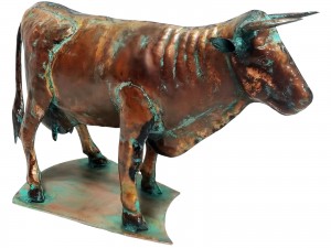 53.5cm Aged Copper/Verdigris Finish 3D Cow Statue On Heavy Metal Base