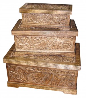 Mango Wood Leaf Design Trinket Jewellery Boxes - Set/3