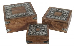 Mango Wood - Metal Flower Design Set of 3 Boxes 20.5cm