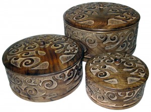 Mango Wood Tree Of Life Design Round Trinket Boxes - Set/3