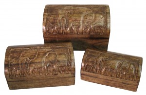 Mango Wood Elephant Design Domed Trinket Jewellery Boxes - Set/3