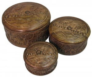 Mango Wood Elephant Design Round Trinket Boxes - Set/3