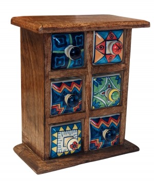 Mango Wood Ceramic Almirah Spice Trinket Chest - 6 Drawers