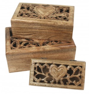 Mango Wood Set/3 Oblong Boxes Heart Carvings Design