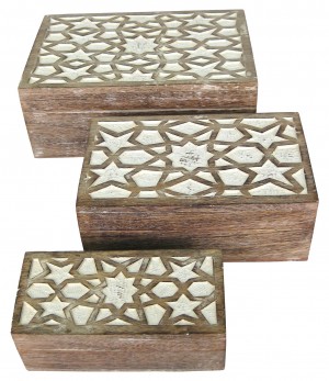 Mango Wood Set Of 3 Star Boxes - Burnt White Finish