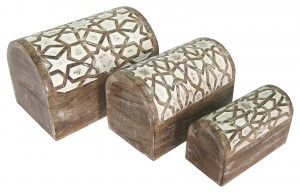 Mango Wood Star Design Domed Trinket Jewellery Boxes - Set/3