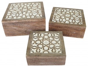Mango Wood Set Of 3 Square Boxes - Burnt White Finish