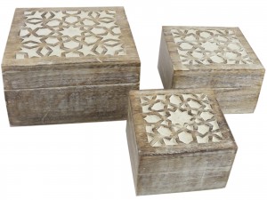 Mango Wood Star Design Set/3 Square Boxes - Burnt White Finish