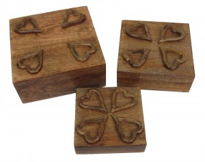 Mango Wood Heart Design Square Trinket Jewellery Boxes - Set/3