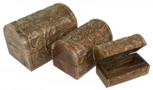 Mango Wood Domed Flower Decorative Boxes Chests- Set/3