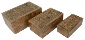 Mango Wood Flower Oblong Boxes - Set of 3