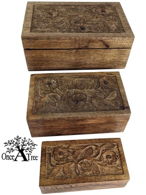Mango Wood Flower Oblong Boxes - Set of 3