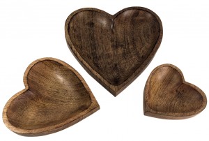 Mango Wood Heart Shaped Bowls - Set/3