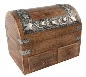 Mango Wood Metal Overlay Dome Top Box With 2 Drawers