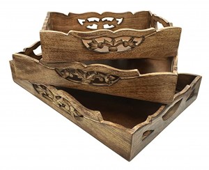 Mango Wood Set of 3 Trays - Cutwork - Heart Burnt 45.7cm