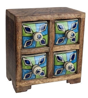 Ceramic 4 Drawer Almirah Mango Wood - Green and Blue - 15cm 