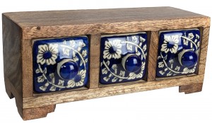 Ceramic 3 Drawer Almirah Mango Wood - Horizontal Dark Blue - 20.5cm