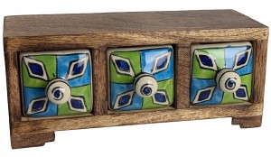 Ceramic 3 Drawer Almirah Mango Wood - Horizontal Green and Blue - 20.5cm