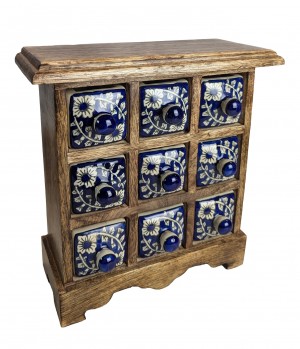 Ceramic 9 Drawer Almirah Mango Wood - Dark Blue - 26cm
