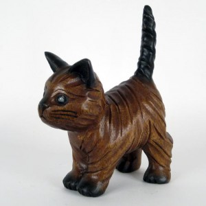 Acacia Wood Cat Figure with Tail Up - 19cm
