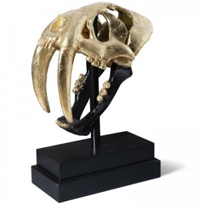 Saber Toothed Tiger Skull on Base - 51cm - Gold With Black Jaw