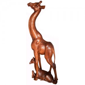 Hand Carved Suar Wood Giraffe & Calf Sculpture 150cm