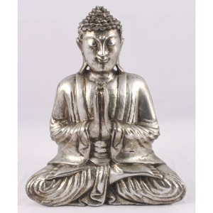 Hand Carved Suar Wood Praying Thai Buddha Antique Silver Finish 31.5cm