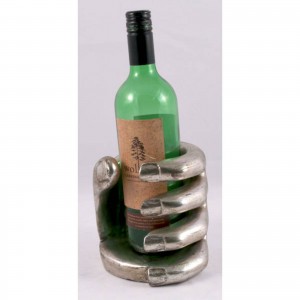 Hand Carved Hibiscus Wood Hand Wine Bottle Holder - Antique Silver Finish