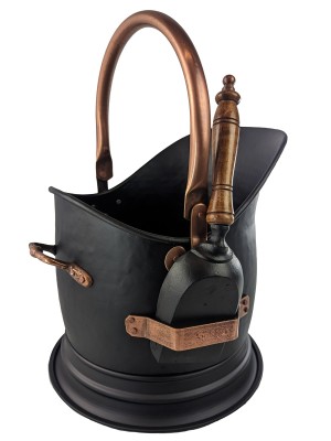 45cm Coal Bucket / Shovel - Black With Copper Shovel Bracket 