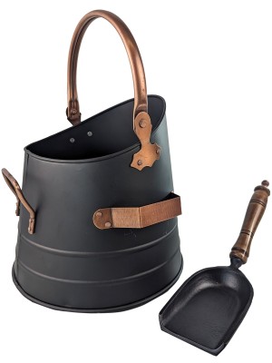 37cm Round Bucket With Shovel - Black With Copper Handles