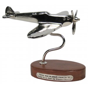 Spitfire On Wooden Base Nickel Plated - 22cm - Never was so much owed by so many - Churchill