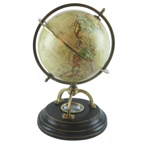 World Globe On Wooden Base With Compass Dia 15cm