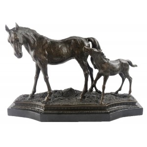 Horse And Foal Foundry Cast Bronze Sculpture On Marble Base 56cm