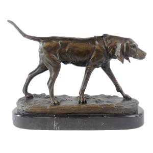 Foundry Cast Bronze Dog Sculpture On Marble Base 31cm