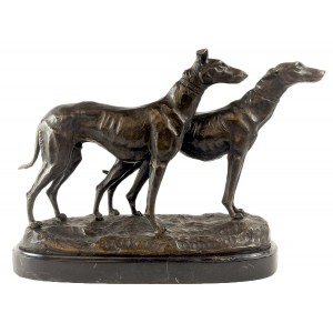 Pair Of Dogs Hot Cast Bronze Sculpture On Marble Base